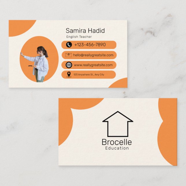 Beige Bright Orange English Teacher Visitkort (Fram/baksida)