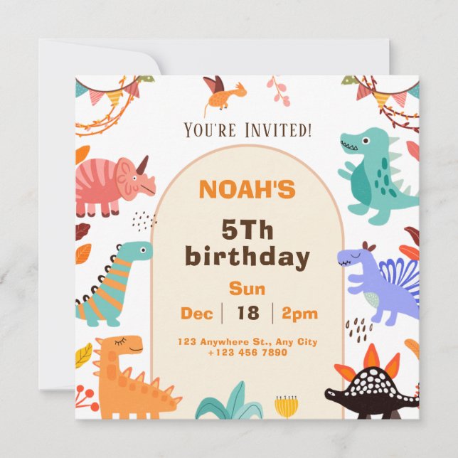 Beige Brown Cute Dinosaur Birthday-inbjudan Inbjudningar (Framsida)