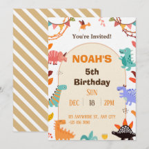 Beige Brown Cute Dinosaur Birthday-inbjudan