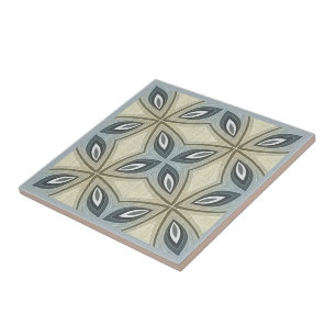 Beige Brown Grått Blue Blommigt Ethnic Tribe Art Kakelplatta
