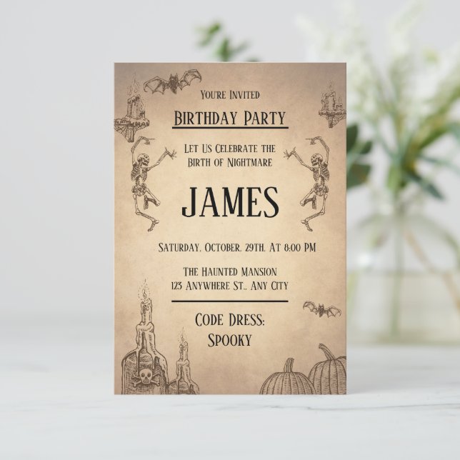 Beige Brown Illustration Halloween Birthday Inbjudningar (Stående Fram)