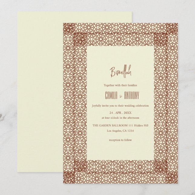 Beige Brown Islamic Geometric Two Gräns Bröllop Inbjudningar (Fram/baksida)