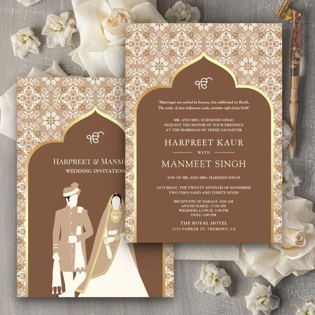 Beige Brown Ivory Mönster Anand Karaj Sikh Bröllop Inbjudningar (Skapare uppladdad)