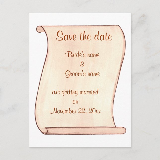 Beige Brown Scroll Save the date wedding postcards Meddelande Vykort (Framsida)