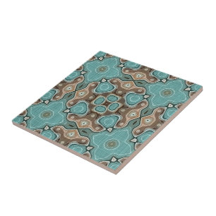 Beige Brown Seafoam Teal Grönt Ethnic Tribe Art Kakelplatta