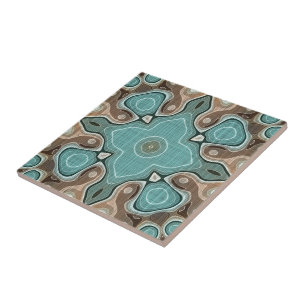Beige Brown Seafoam Teal Grönt Ethnic Tribe Art Kakelplatta