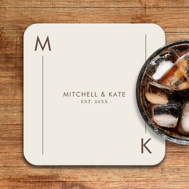 Beige Brown Simple Monogram Bröllop Underlägg Papper Kvadrat (Beige Brown Simple Monogram Wedding Square Paper Coaster)