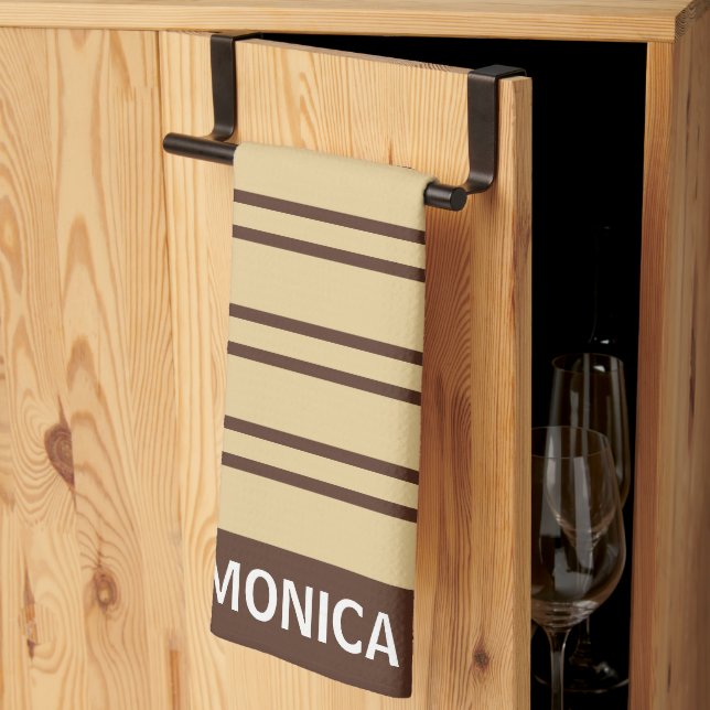  Beige &Brown Stripes Pattern monogram Name Kökshandduk (Thirds Fold)