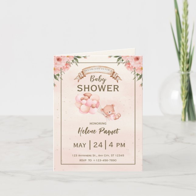 Beige Brun Blommig Baby Shower Inbjudan (Framsida)