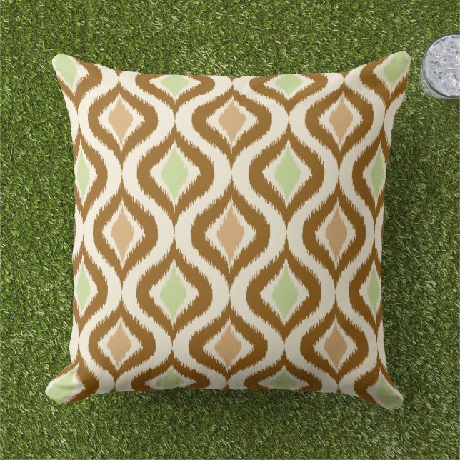 Beige Brun Grön Retro Chic Ikat Droppar Mönster Kudde (Gräs)