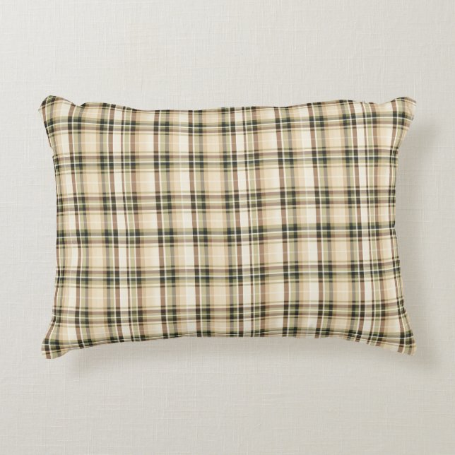 Beige Brun Grön Tartan Rutig  Prydnadskudde (Framsidan)