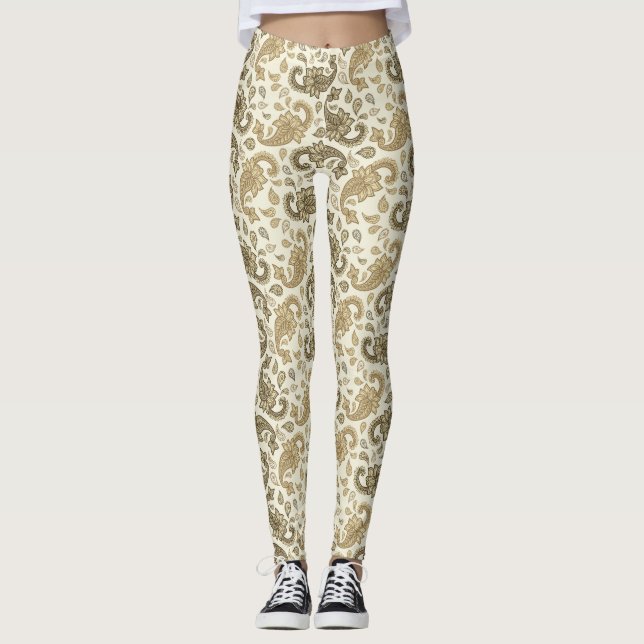 Beige-bruna paisleymönstrade leggings (Framsida)
