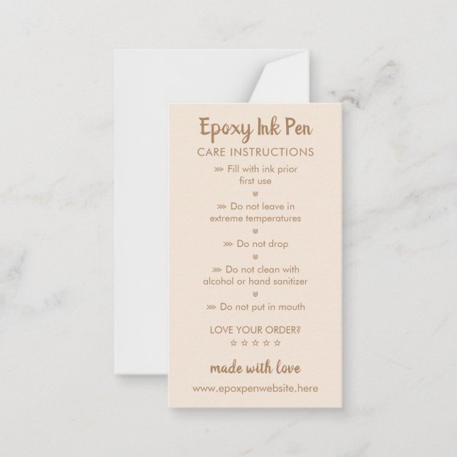 Beige brunvårdsanvisning för Epoxy Pen Anteckningskort (Framsida)