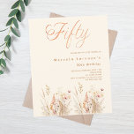 Beige-budgeten för Wildblommor 50-årsdagen<br><div class="desc">En elegant på 50-årsinbjudan. En gräddbeige färgads bakgrund som dekoreras med vattenfärgade vilda blommor i beige,  rosa,  dammig grönt. Femtio är skrivna med ett stil-skript med stor hand. 1 lakan = 1 inbjudan tryckt kant till kant.</div>