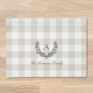 Beige Buffalo Check Laurel WandeFamily Monogram Kökshandduk