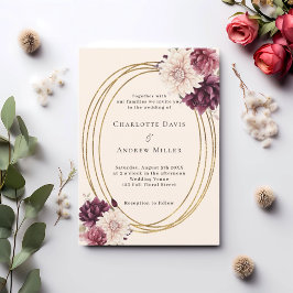 Beige burgundy ivory florals gold frame wedding inbjudningar