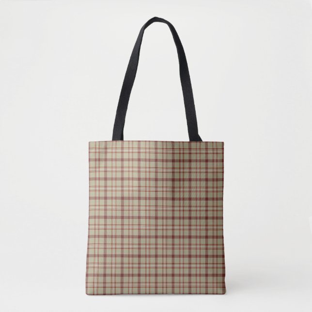 Beige Burgundy White Plaid Classic Tote Bag Tygkasse (Framsida)