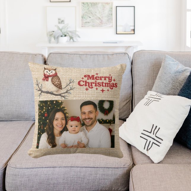 Beige burlap-foto söt uggla-jul kudde (Skapare uppladdad)