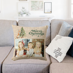 Beige burlap fox träd grönt jul kudde