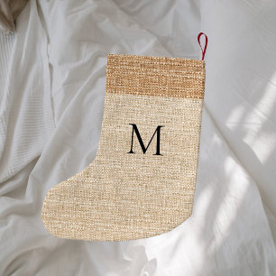 Beige burlap monogram modernt liten julstrumpa