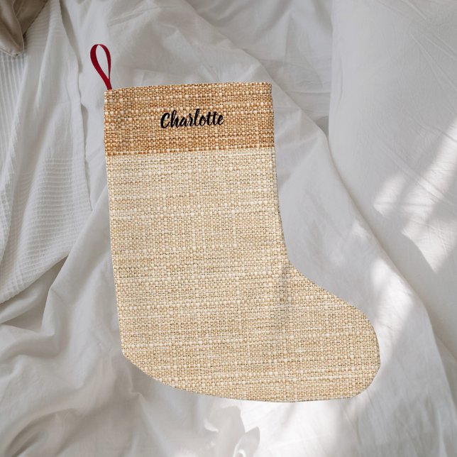 Beige burlap namn modern liten julstrumpa (Skapare uppladdad)