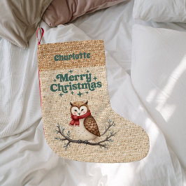 Beige burlap uggla namn retro God jul Liten Julstrumpa