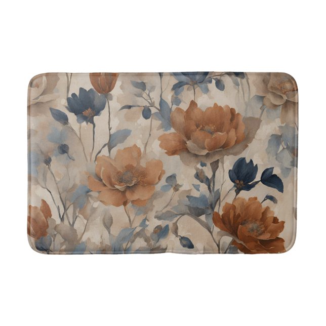 Beige Burnt Orange Dusty Navy Blue Blommigt Badrumsmatta (Framsidan)