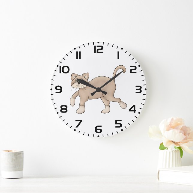 Beige Cat Drawing with Green Eyes Stor Klocka (Skapare uppladdad)