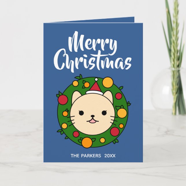 Beige Cat Wandan | Foto av blå God jul Helgkort (Framsida)