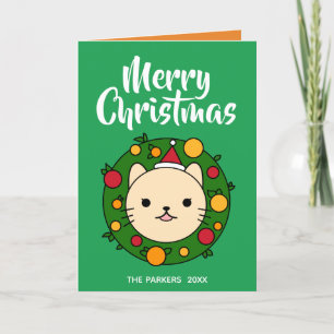 Beige Cat Wandan   Grönt God jul Photo Helgkort