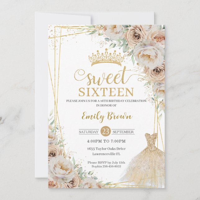 Beige Champagne Cream Guld Blommigt Sweet sixteen Inbjudningar (Framsida)