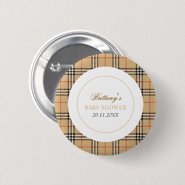 Beige Check Designer Play Baby Shower Knapp (Framsida & baksida)