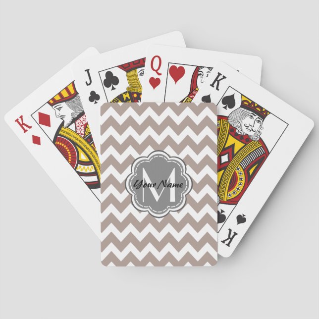 Beige Chevron, Grått Monogram, Personlig Namn Spelkort (Baksidan)