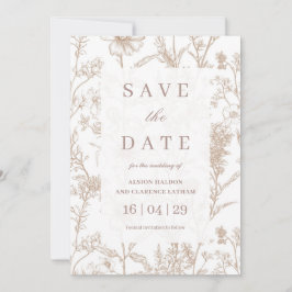 Beige Chinoiserie Wildblomma Bröllop spara datum Inbjudningar
