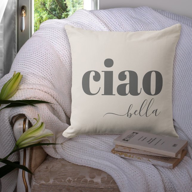 Beige Ciao Bella Hej Vacker modern typografi Kudde (Skapare uppladdad)