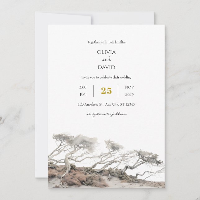 Beige Coastal Windswept Träd View Beach Wedding Inbjudningar (Framsida)