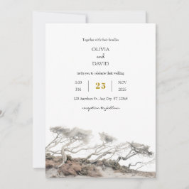 Beige Coastal Windswept Träd View Beach Wedding Inbjudningar