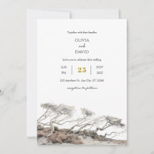 Beige Coastal Windswept Träd View Beach Wedding Inbjudningar