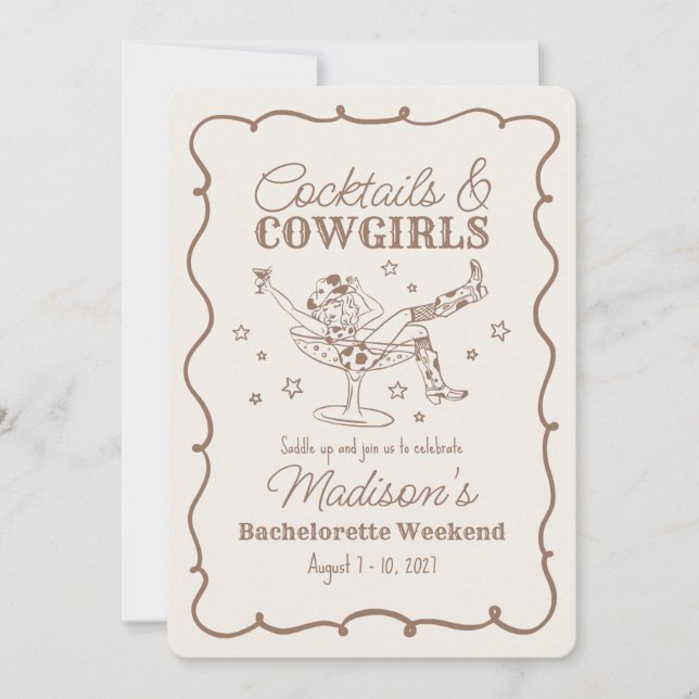 Beige Cocktail och Cowgirl Nash Bash Bachelorette Inbjudningar (Framsida)