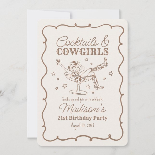 Beige Cocktails och Cowgirl Nash Bash Birthday Inbjudningar (Framsida)