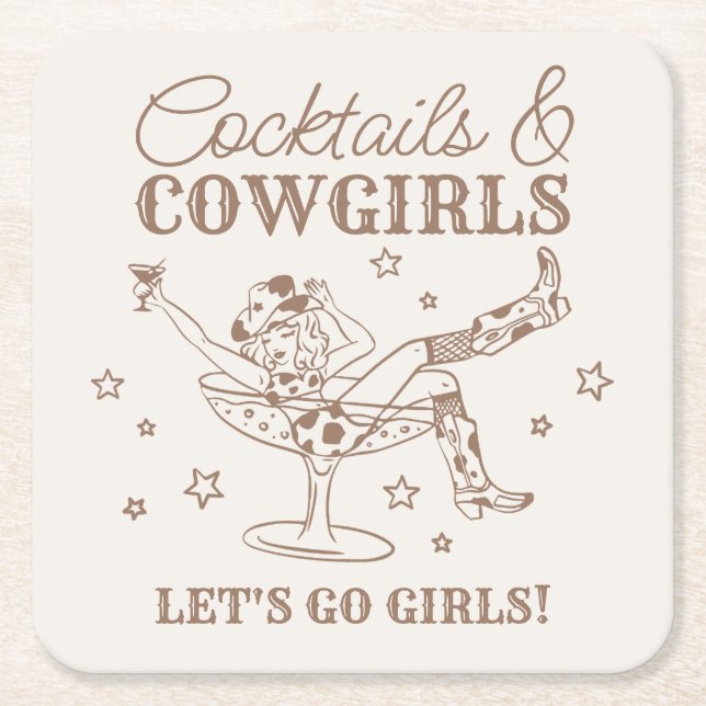 Beige Cocktails och Cowgirl Rodeo Bachelorette Underlägg Papper Kvadrat (Framsidan)