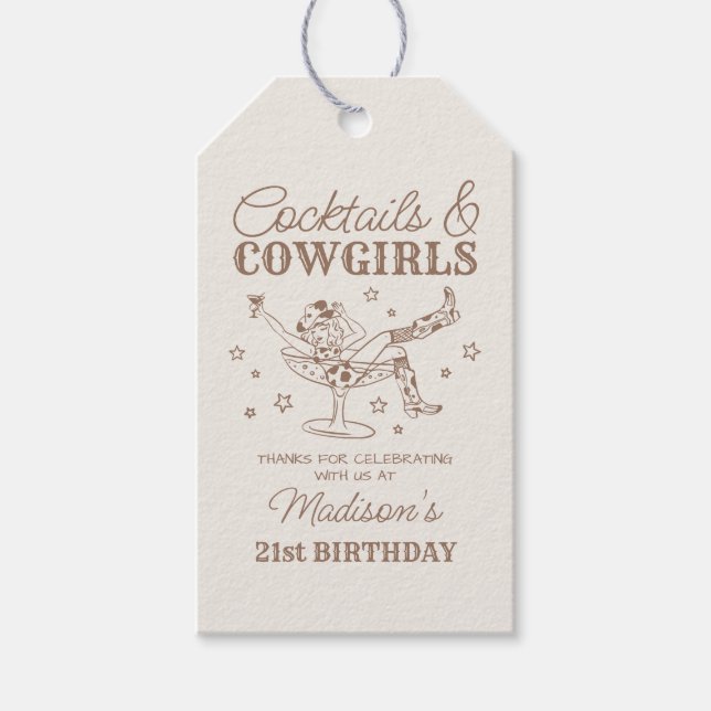 Beige Cocktails och Cowgirl Rodeo Birthday Favor Presentetikett (Framsidan)