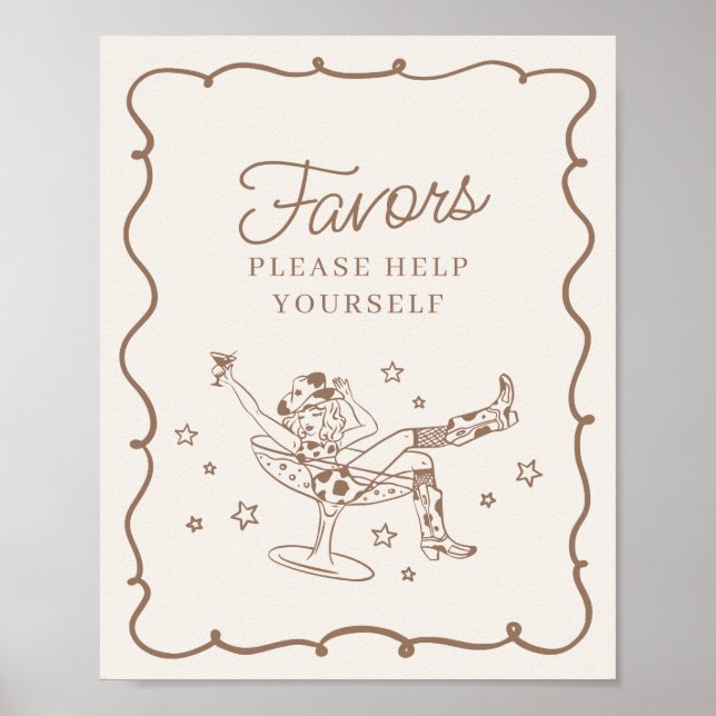 Beige Cocktails och Cowgirl Rodeo Favors Sign Poster (Framsidan)