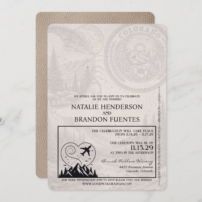 Beige Colorado Passport Bröllop Inbjudningar (Fram/baksida)