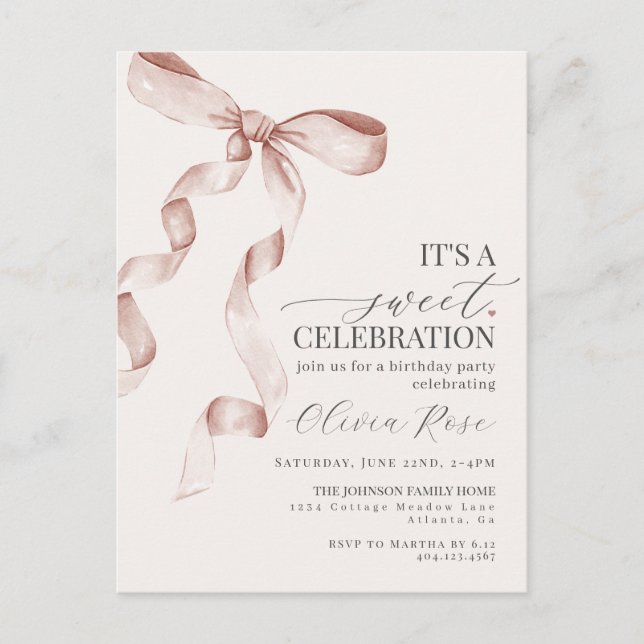 Beige Coquette Bow Girl Födelsedagsfest inbjudan (Framsida)
