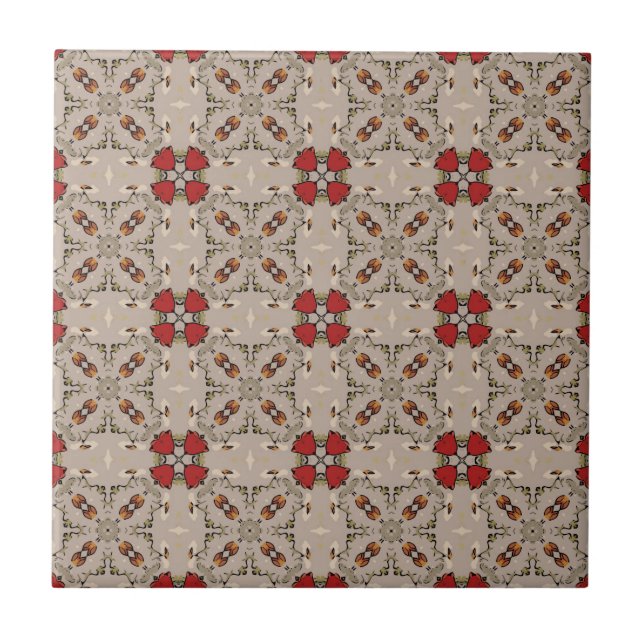 Beige Cranberry Red Square Mönster Geometric Kakelplatta (Framsidan)