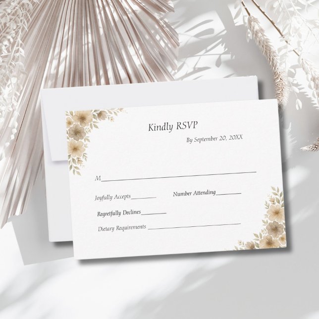 Beige Cream Grått Blommigt Traditional Formal Bröl OSA Kort (Beige Cream Gray Neutral watercolor florals boho modern wedding RSVP card)