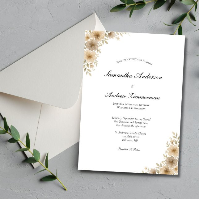 Beige Cream Grått Neutralt Blommigt Elegant bröllo Inbjudningar (Beige Cream Gray Neutral watercolor Florals Wedding Invitation. Boho Modern, Printed or Digital)