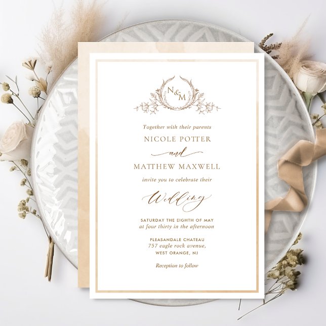 Beige Cream Watercolor Elegant Monogram Bröllop Inbjudningar (Skapare uppladdad)