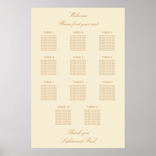 Beige Crème 11 Bordplacering Bröllopsaffisch Poster (Framsidan)
